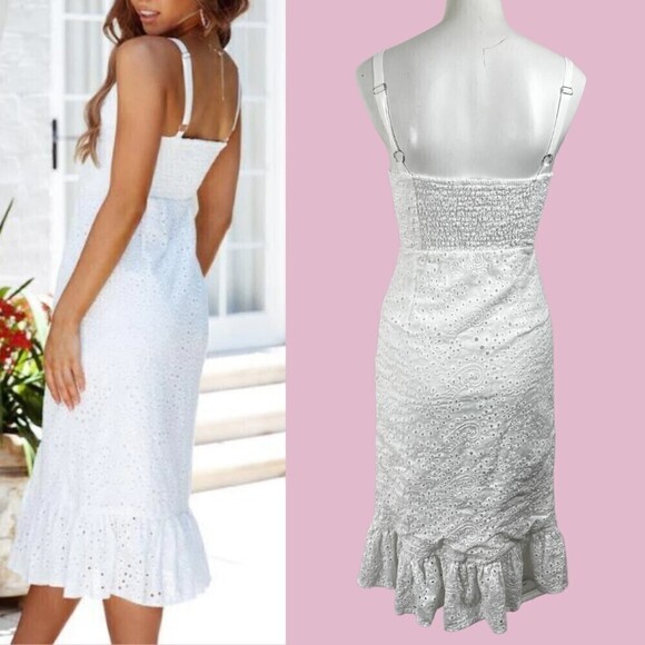 Helly Molly Adalusia Size S White Eyelet Ruffle Embroidered Cotton Midi Dress - Picture 17 of 17